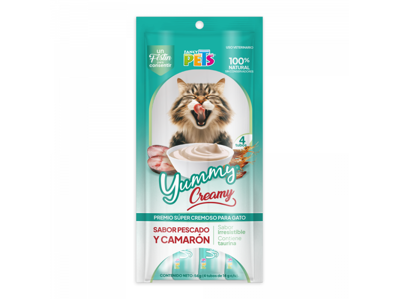 YUMMY CREAMY P/GATO PESCADO Y CAMARON BOLSA C/4 SOBRES