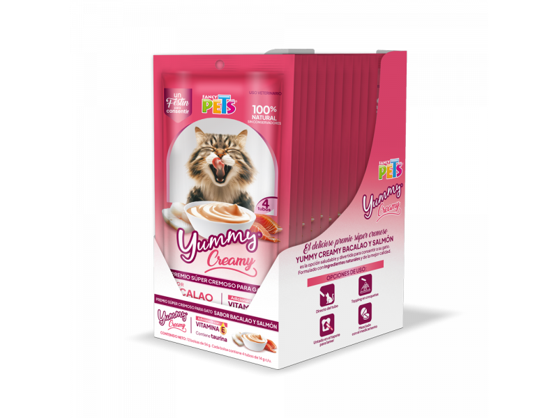 CAJA DISPLAY YUMMY CREAMY P/GATO BACALAO Y SALMON 12 PZAS