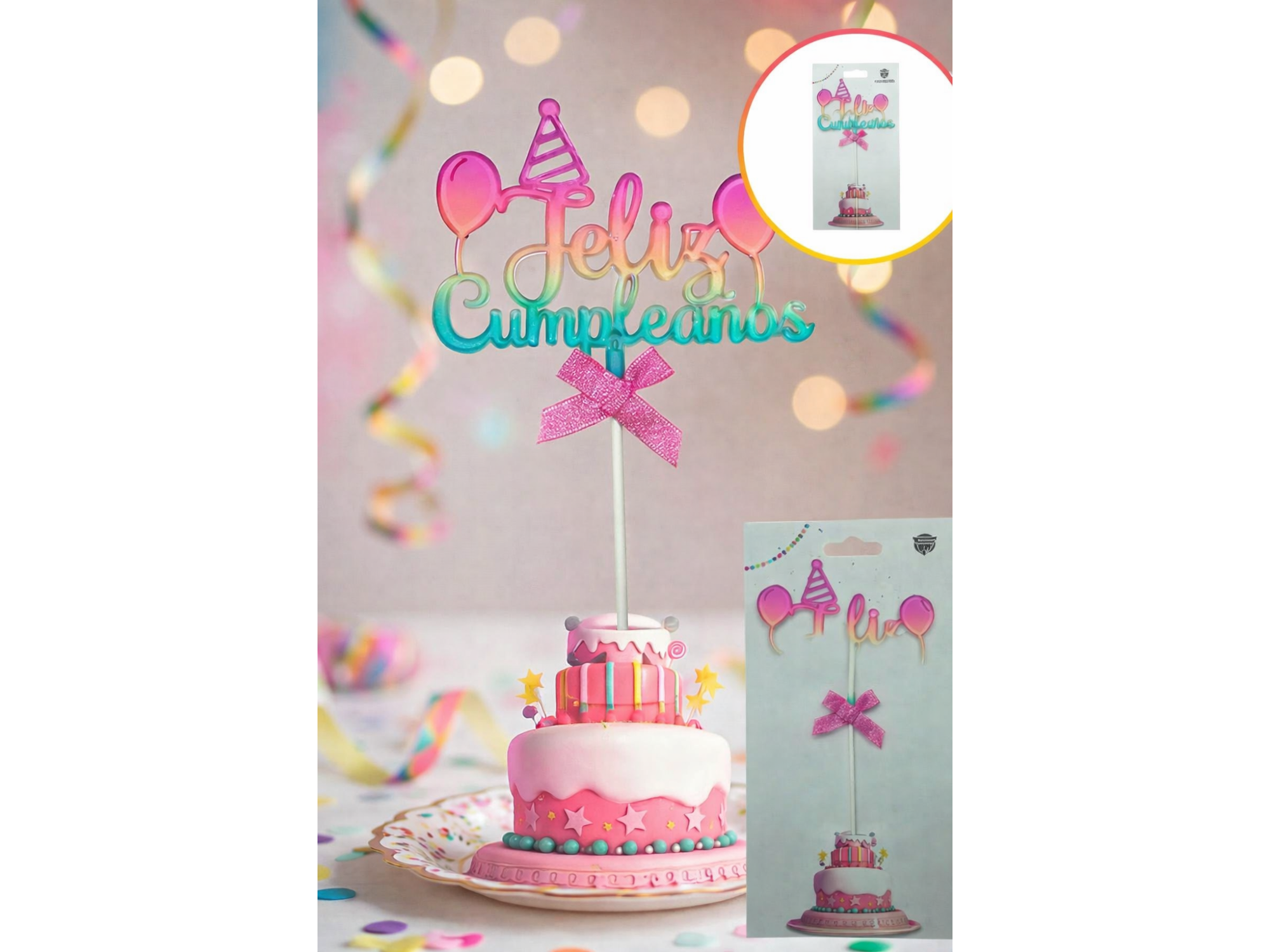 CAKE TOPPER FELIZ CUMPLEAÑOS DEGRADE 3D BONETE GLOBO MULTICOLOR