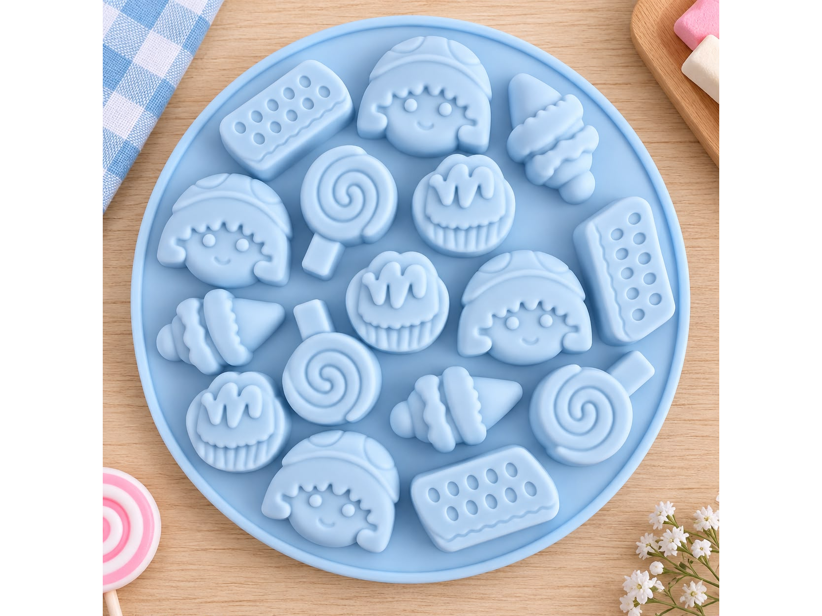MOLDE SILICONA MINI FIGURAS HELADITO / CHUPETIN / CARITA SURTIDAS