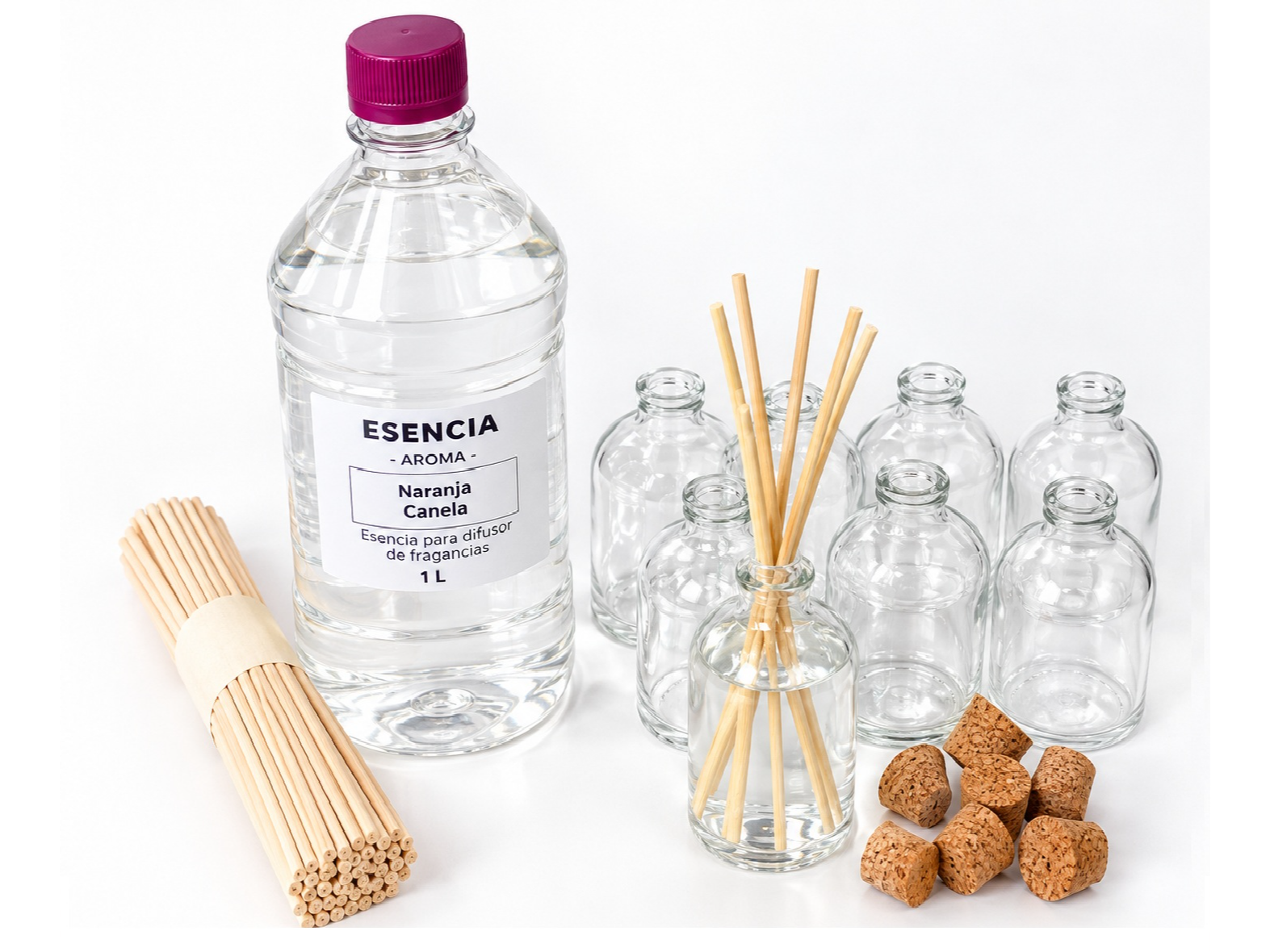 KIT 20 FRASCOS DE VIDRIO VIAL 50 CC. CON CORCHOS + VARILLAS DIFUSORAS + 1 LITRO LIQUIDO PARA DIFUSORES