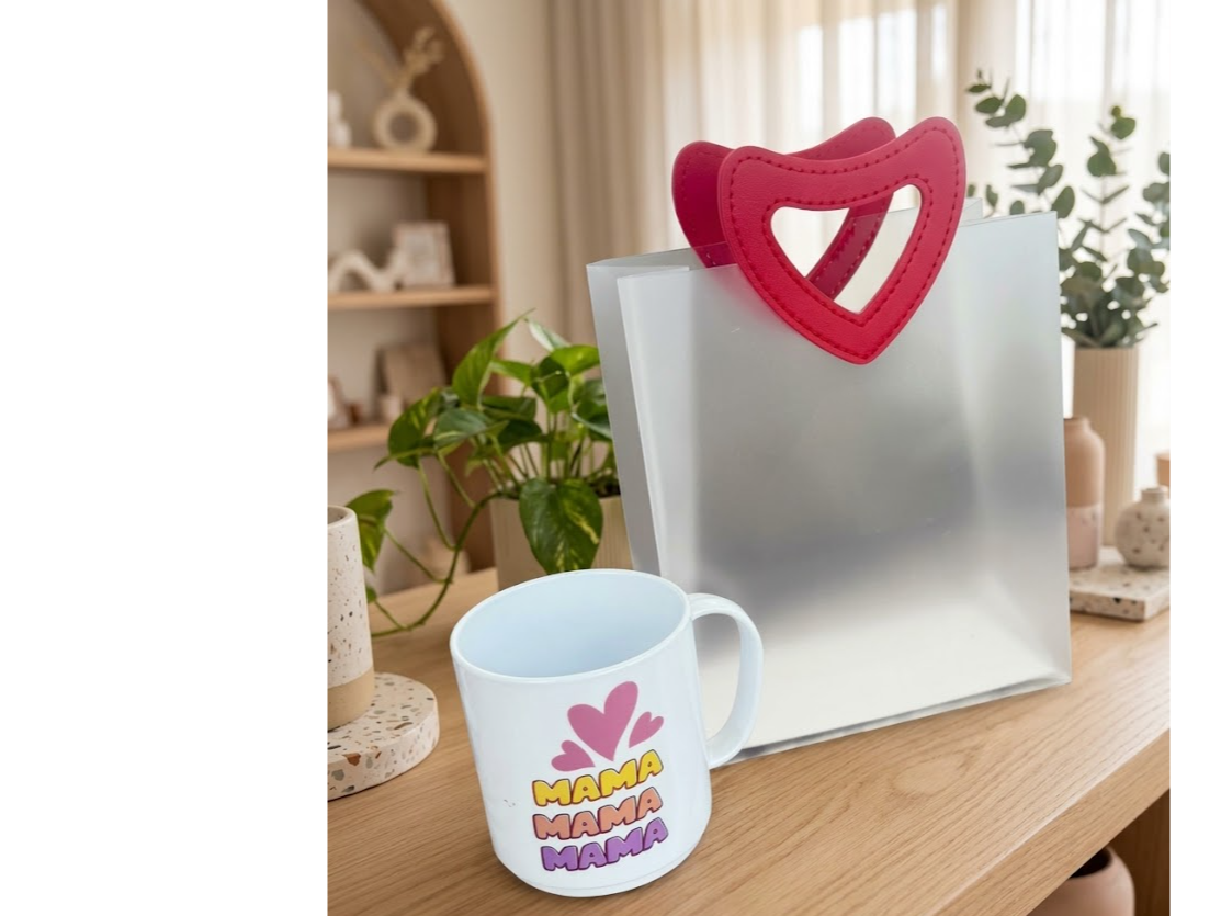 TAZA+ STIKERS MAMA + BOLSA PVC MODELO CORAZON ROJO