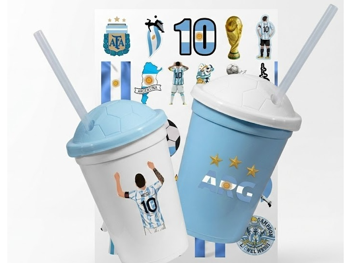 PROMO 20 VASOS   MILK TAPA PELOTA CELESTE + 20 STIKERS UV ARGENTINA