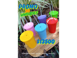 PROMO 20 VASOS COLORES SURTIDOS TAPA PLANA + SORBETE