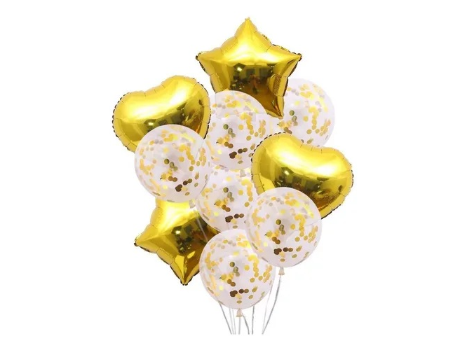 SET 10 GLOBOS METALIZADO CORAZON ESTRELLA Y CONFETTI PACK