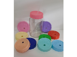 FRASCO DE VIDRIO TIPO MERMELADA + TAPA DRINKS COLOR + SORBETE DE REGALO
