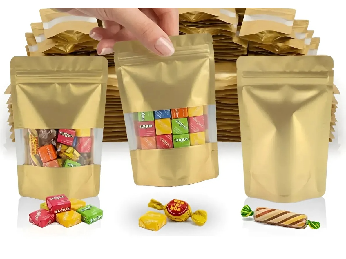BOLSA DOYPACK DORADO FRANJA TRANSPARENTE