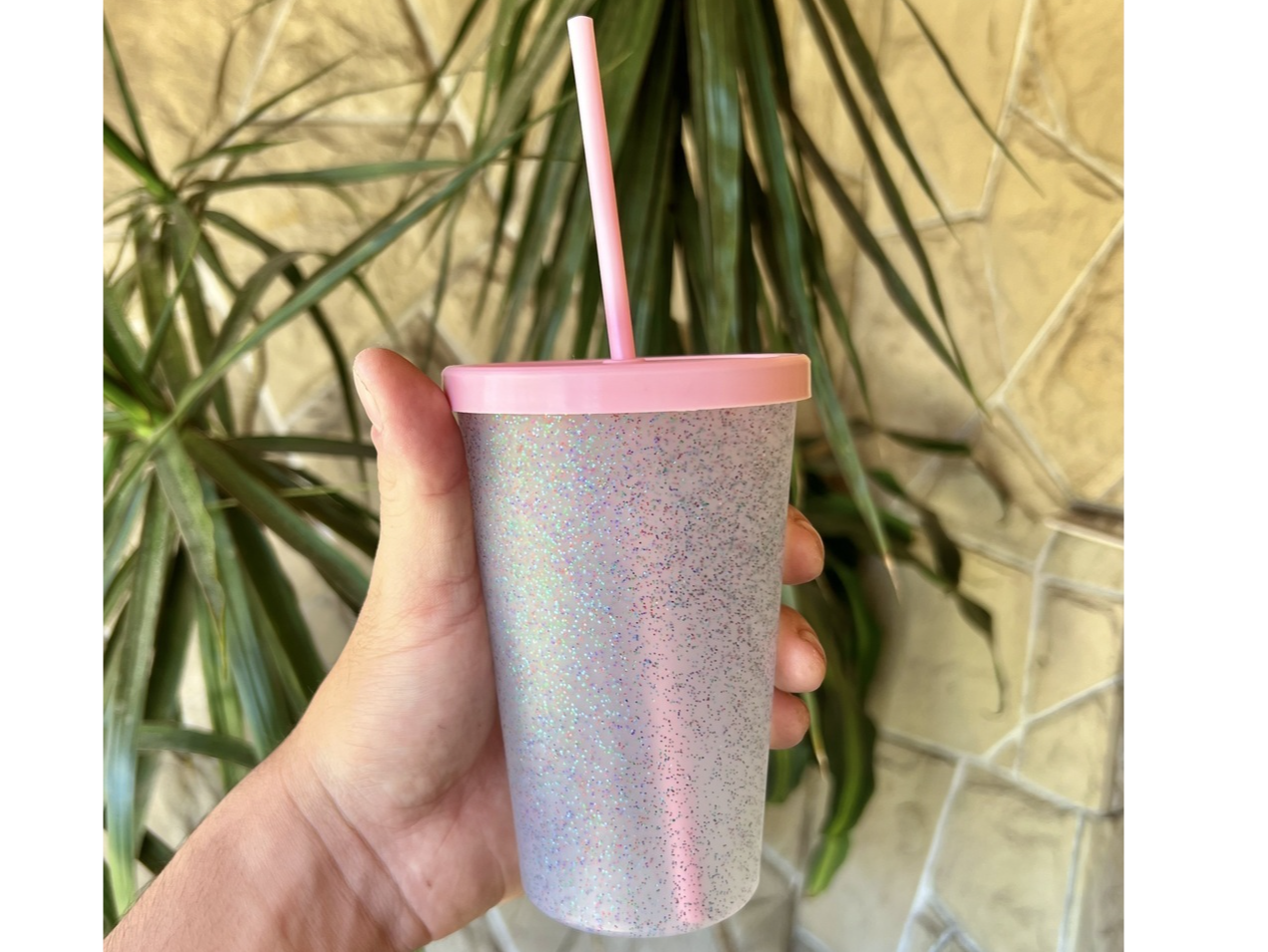 VASO GLITTERS 500CC + TAPA  + SORBETE