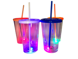 VASO ACRILICO CRISTAL CON ***LUZZ*** LED CON TAPA Y SORBETE DE COLOR
