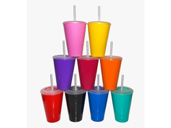 VASO PLÁSTICO CONICO + TAPA + SORBETE REUTILIZABLES 420 CC.