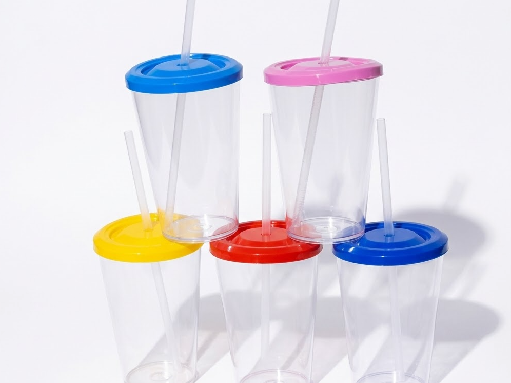VASO ACRILICO CRISTAL N2  CON TAPA COLOR Y SORBETE TRANSPARENTE DESCARTABLE 475 CC.