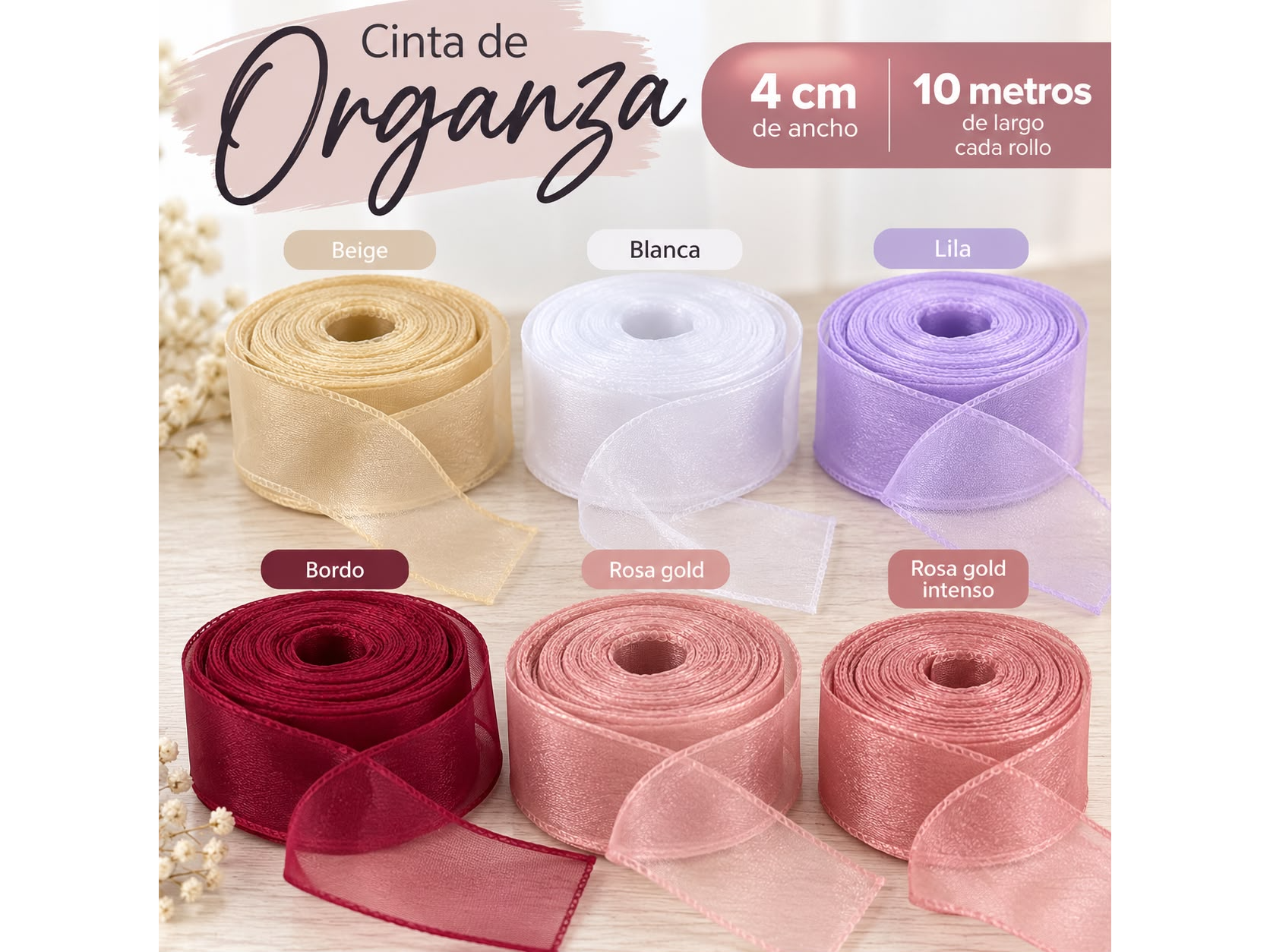 ROLLO CINTA ORGANZA  4CM DE ANCHO X  10 METROS