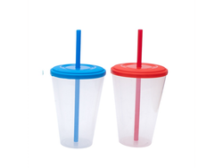 VASO CONICO TRANSPARENTES CON TAPA Y SORBETE COLORES PASTEL 420 CC.