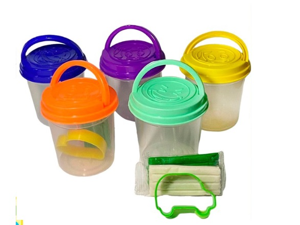 KIT  BALDECITOS   CON TAPA Y MANIJA + 1 CORTANTE + 1 PLASTILINA