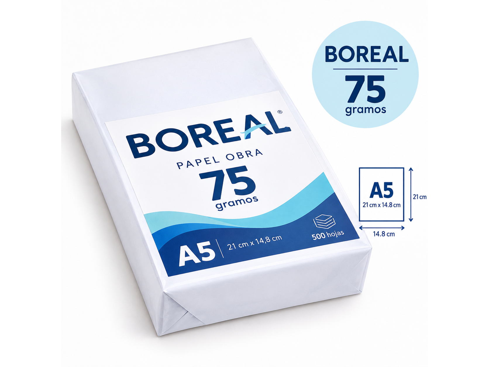 PAPEL 75  Gr  **A5**   BOREAL EN RESMA - 500 hojas ( ideal agendas )