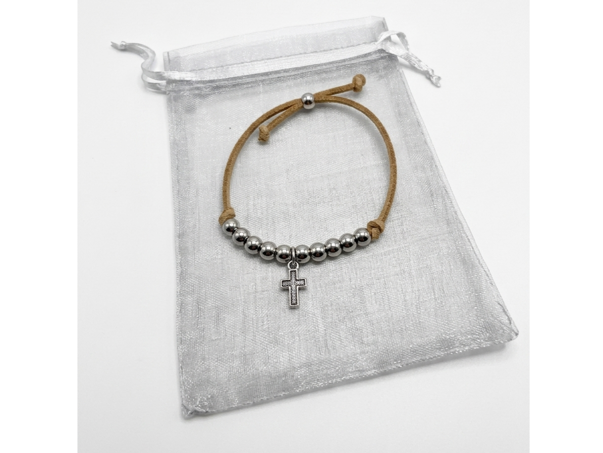 PULSERA CON CRUZ + BOLSA DE TUL  PARA SOUVENIRS COMUNION