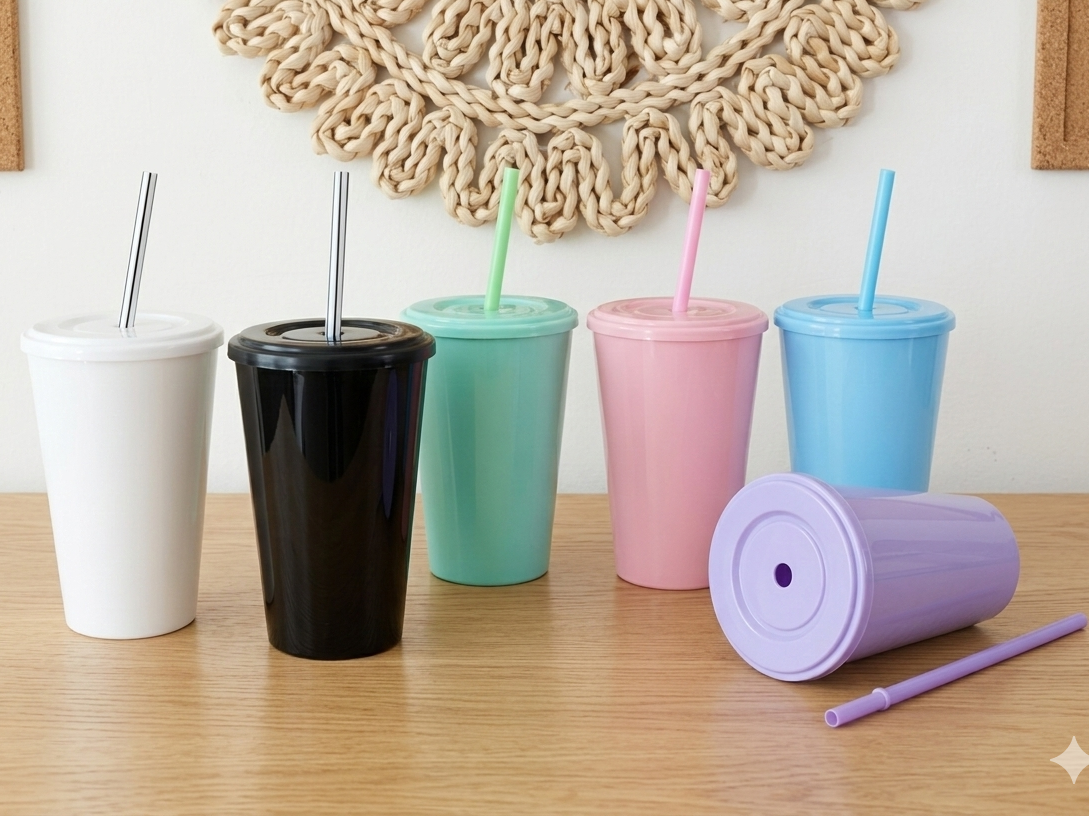VASO PLASTICO CONICO COLORES PLENOS CON TAPA Y SORBETE