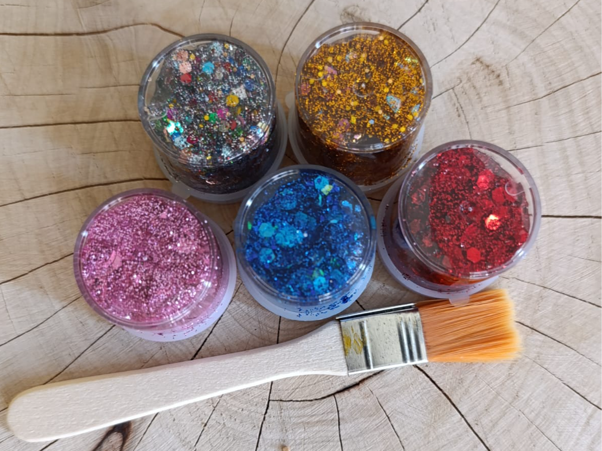 KIT DE 5 GLITTER EN GEL MEDIANO + PINCELETA