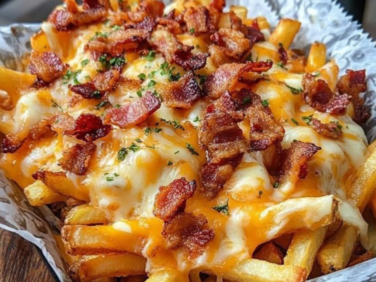 Caja de papas fritas 🍟 con cheddar y panceta ( para 3 🧍🏻♂️)