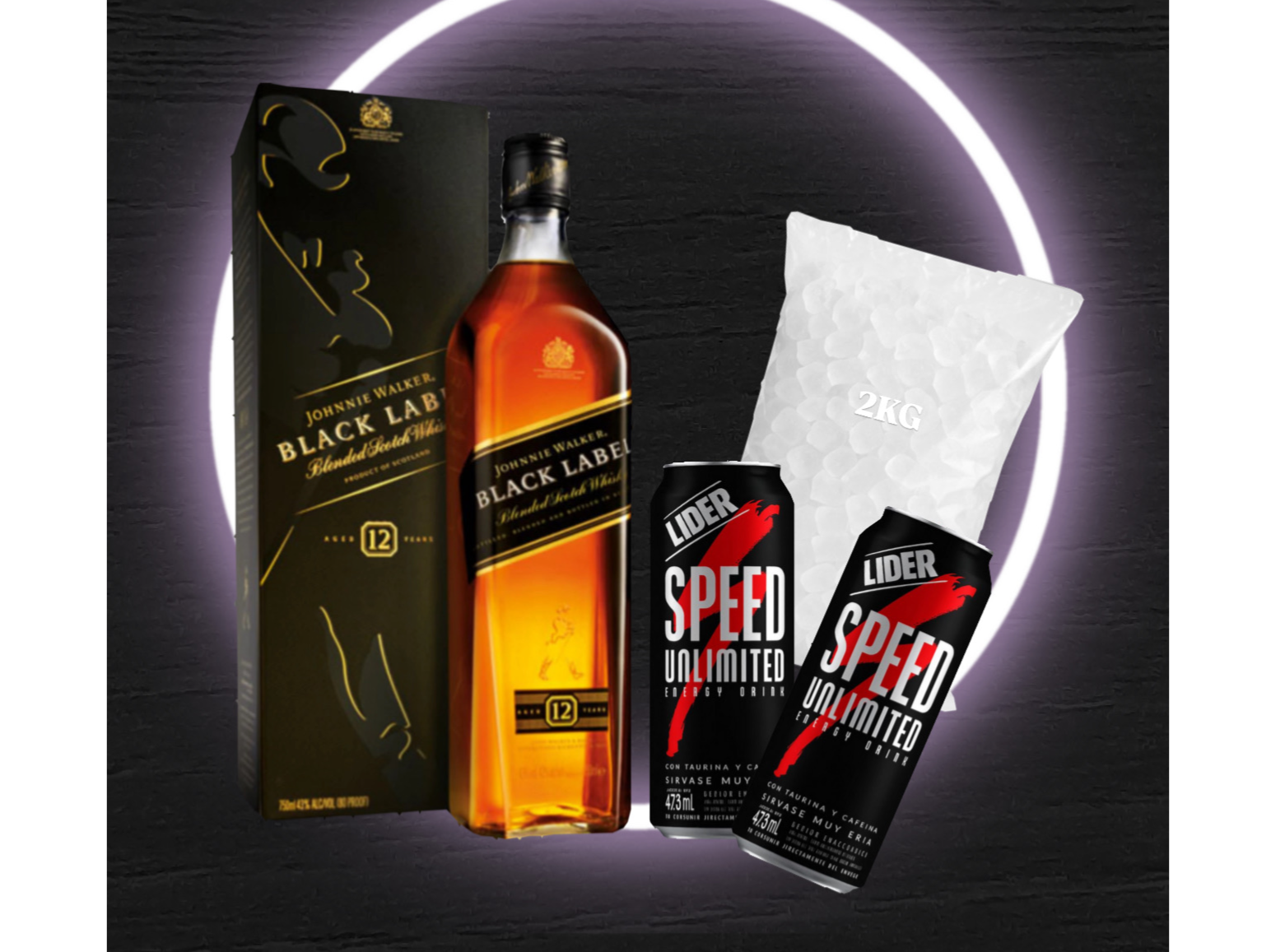 Black label 750ml en caja + 2 Speed XL + Hielo