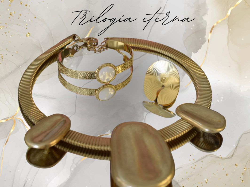 Trilogía ETERNA - Dorada: Collar,pulsera y anillo - Plateada: Collar, aros y anillo