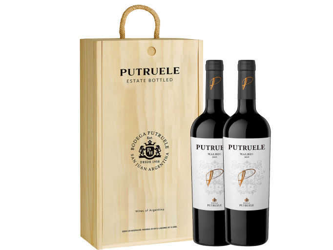 ESTUCHE PREMIUM DE MADERA CON 2 VINOS PUTRUELLE CABERNET Y MALBEC