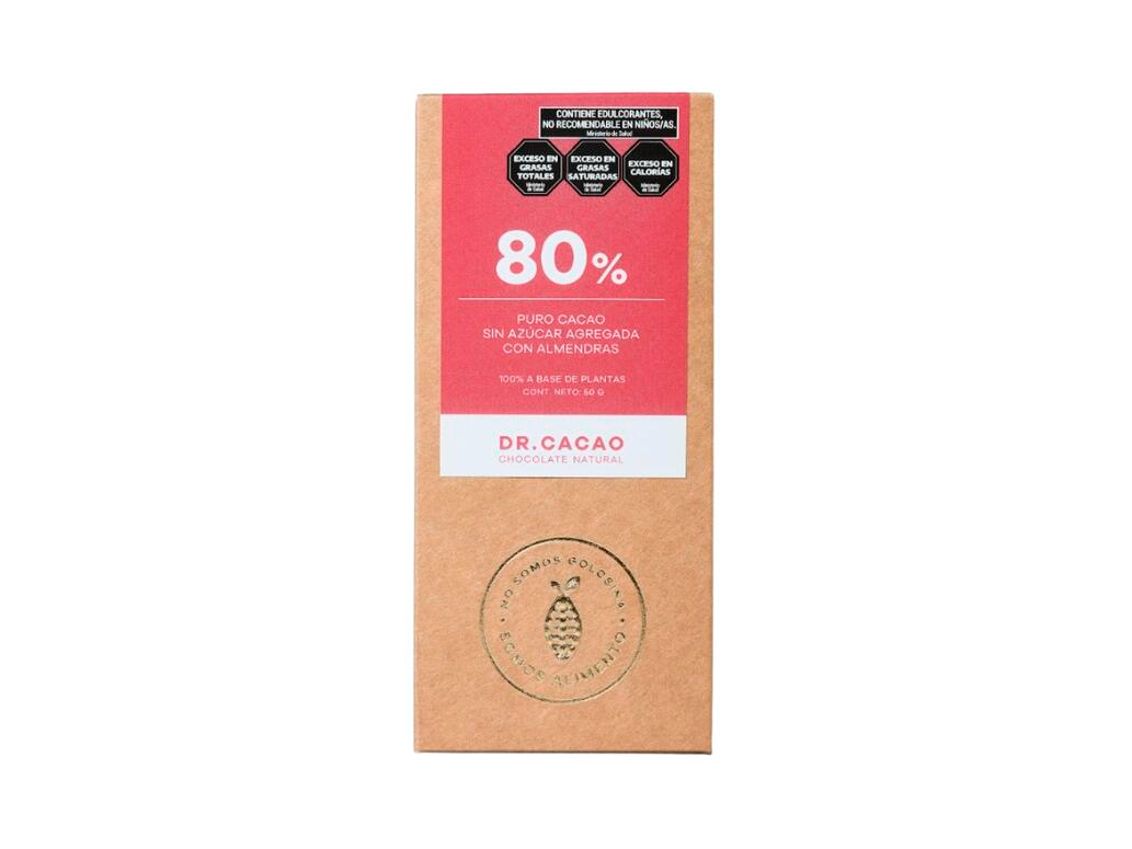 Tableta 80% puro Cacao sin Azucar agregada con Almendras x 50g - Dr Cacao