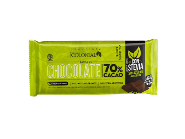 Chocolate sin azucar al 70% endulzado con stevia Colonial