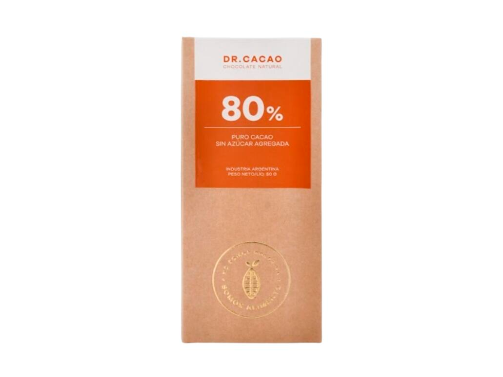 Tableta 80% puro Cacao sin Azucar agregada x 50g - Dr Cacao