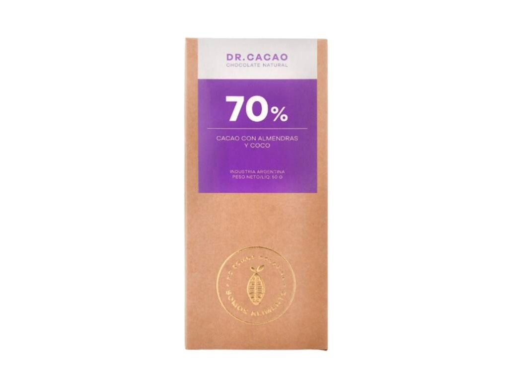 Tableta 70% Cacao con Almendras y Coco x 50g - Dr Cacao