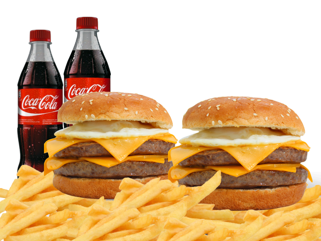 2 HAMBURGUESAS DOBLES CON QUESO Y HUEVO + PAPAS + 2 BEBIDAS 500ML