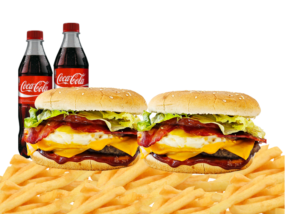 2 GRAN HAMBURGUESAS + PAPAS + 2 BEBIDAS 500ML