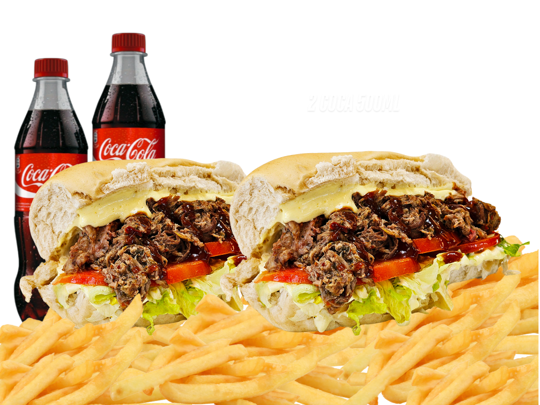 2 SANDWICHES DE COSTILLA DESMNUZADO + PAPAS + 2 GASEOSAS 500ML