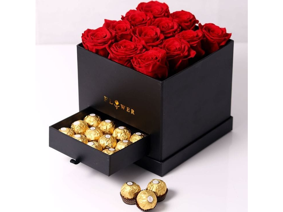 BOX 12 rosas y 12 Bombones Ferrero Rocher de Floreria Del Sur