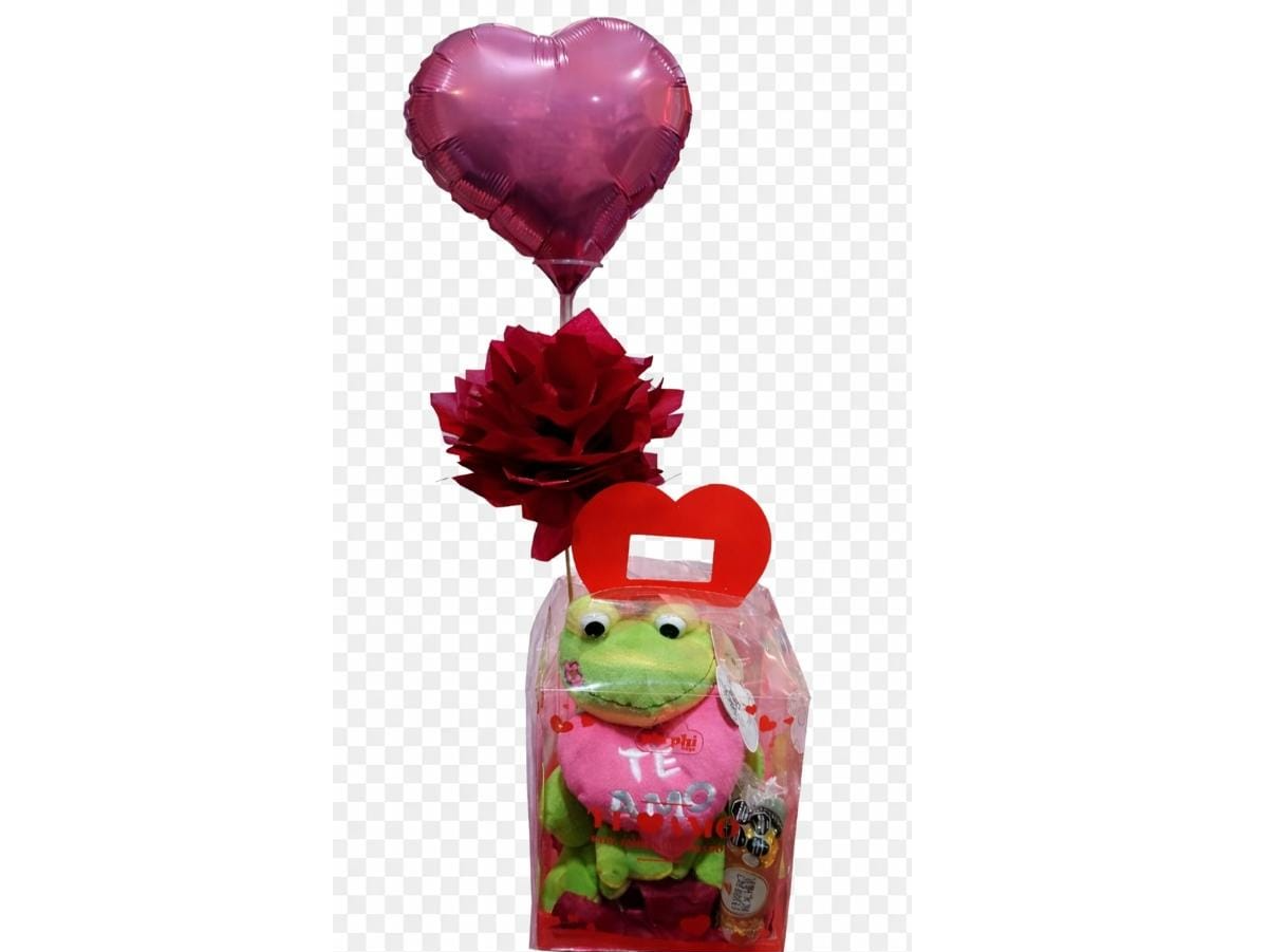 Peluche te amo, con chocolate ferrero, globo metalizado en forma de corazon y pompon de papel seda (Copia)
