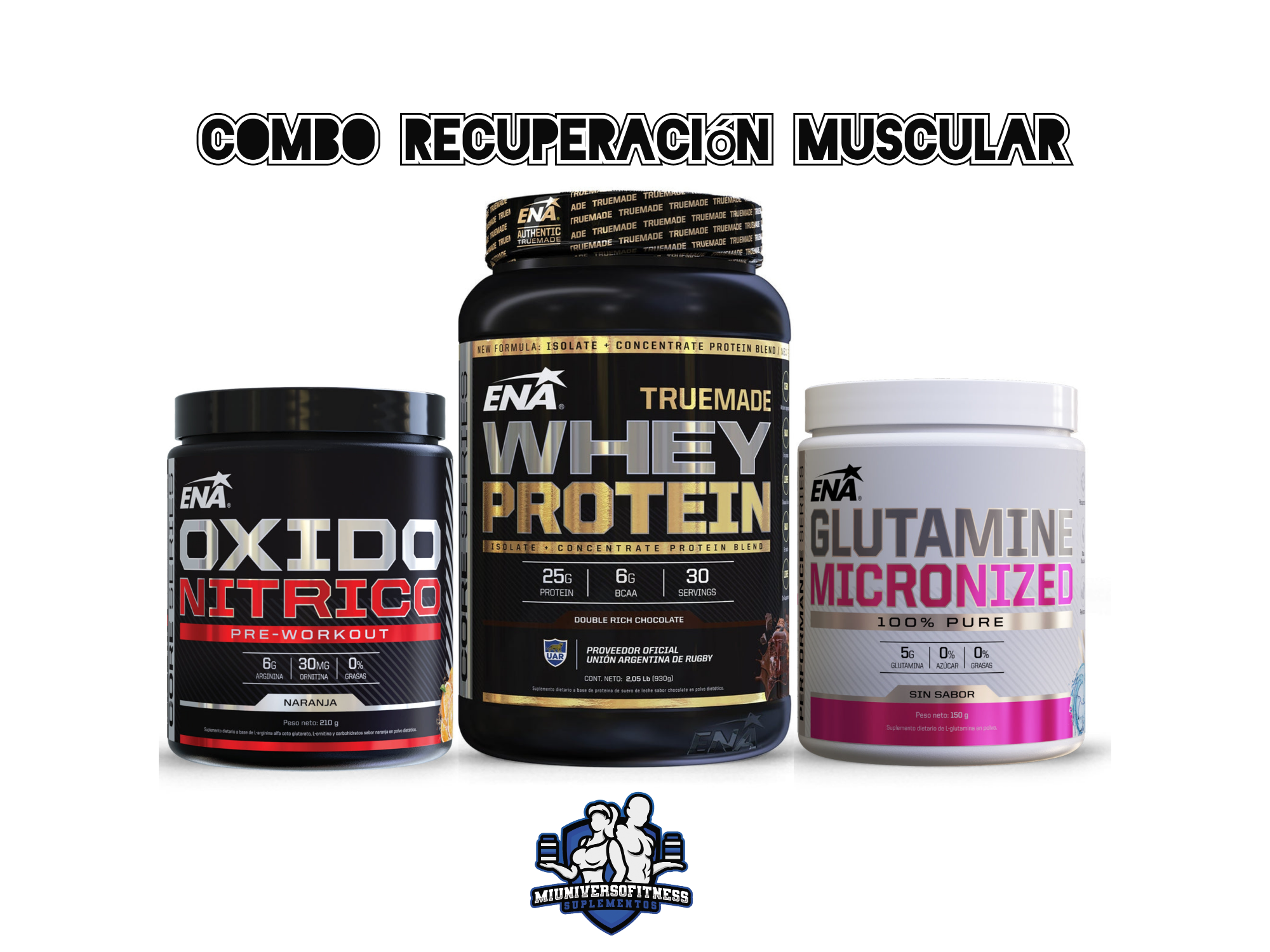 COMBO RECUPERACION MUSCULAR -WHEY PROTEIN + OXIDO NITRICO + GLUTAMINA ENA SPORT