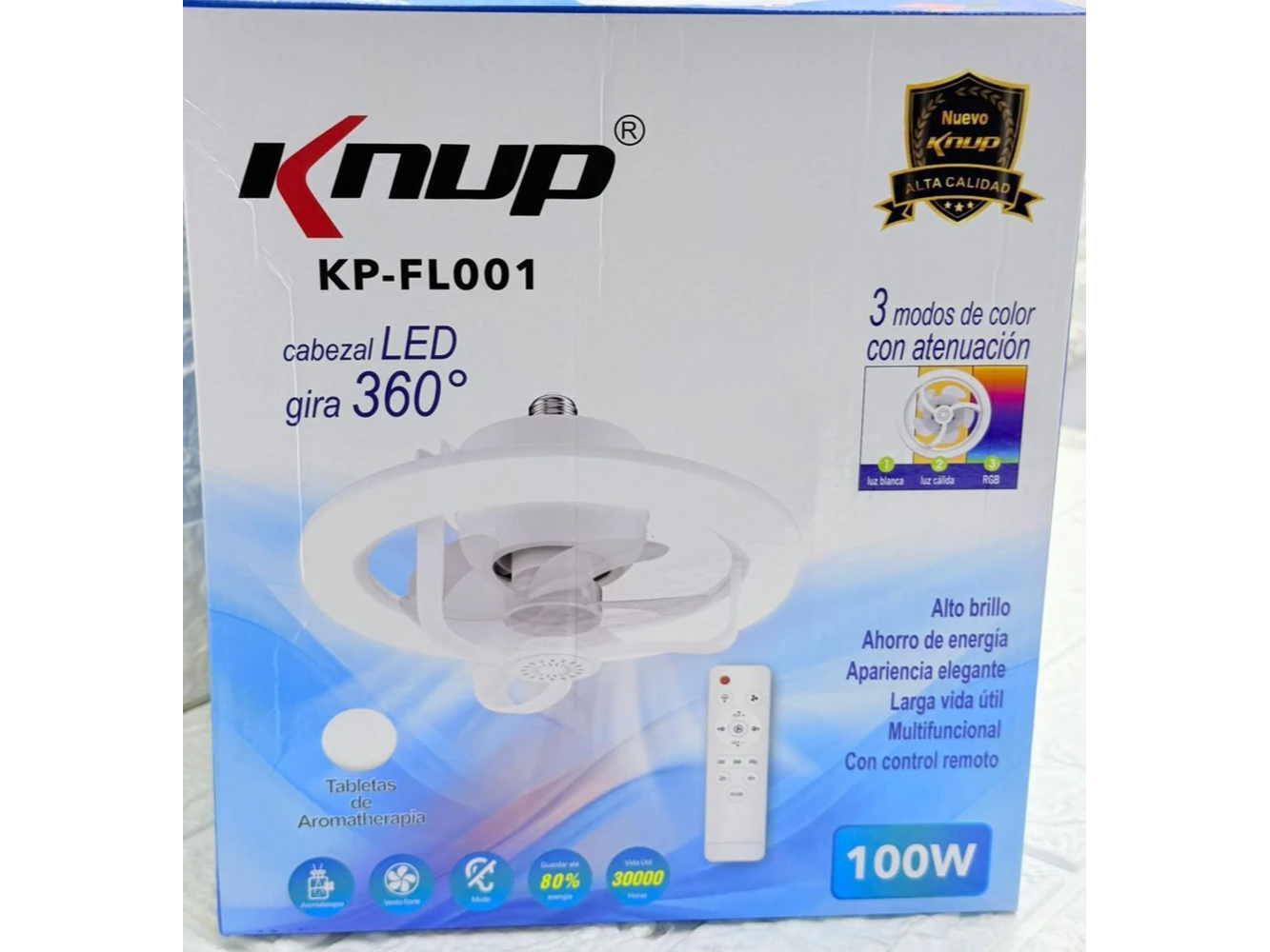 VENTILADOR MULTIFUNCIONAL FOCO CABEZAL LED RGB 360° 100W - APTO TABLETAS AROMATERAPIA C