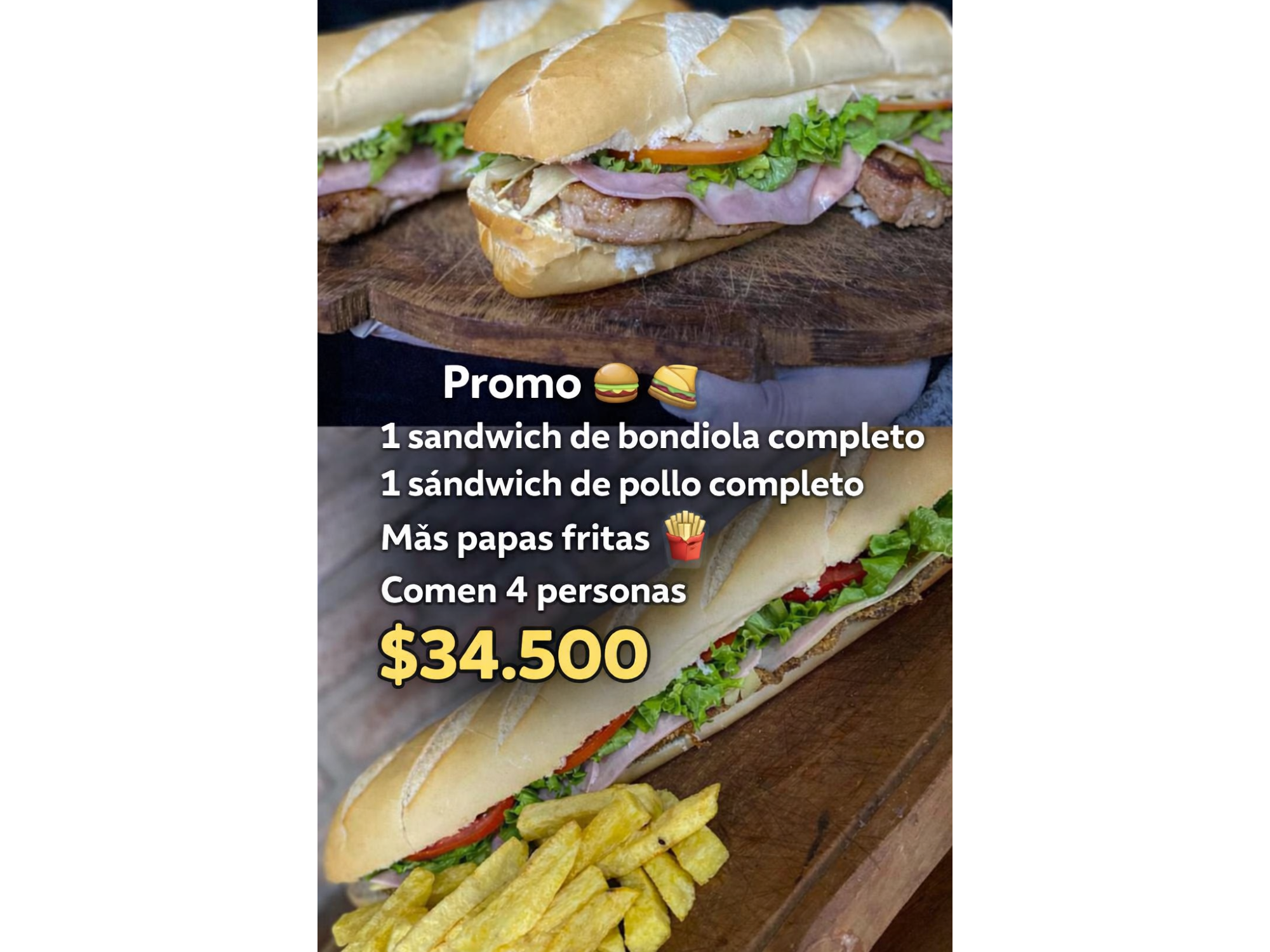 1 DE BONDIOLA  COMPLETO + 1 MILA DE POLLO COMPLETO + FRITAS COMEN 4 PERSONAS