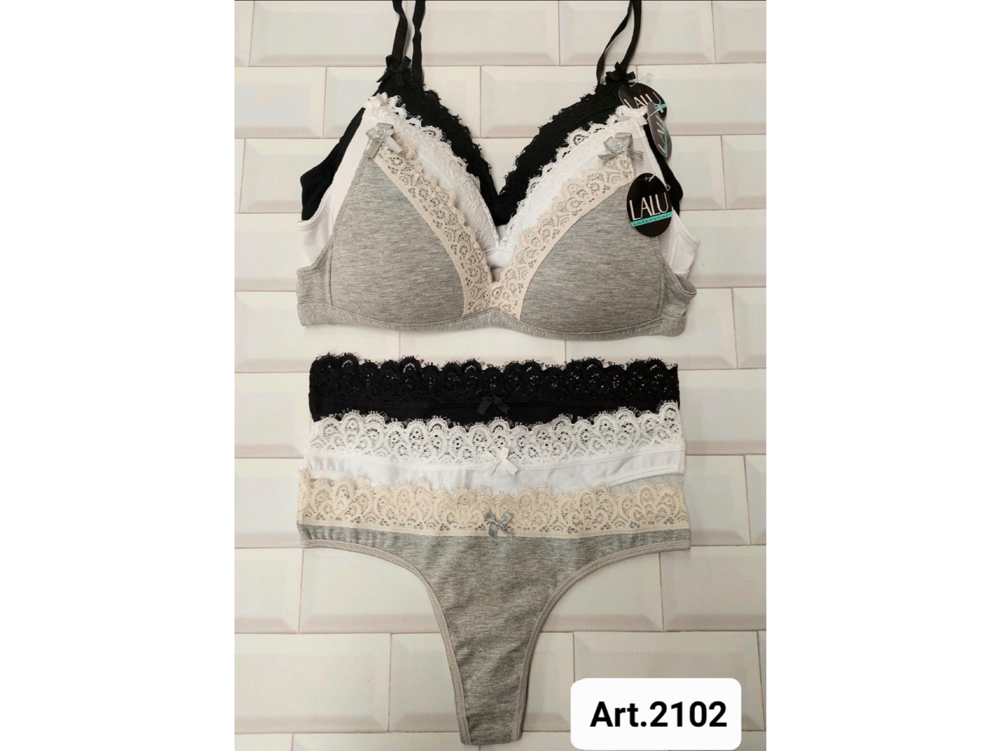 LALU-Art2102 Conjunto armado triángulo de algodón con puntilla CALIDAD PREMIUN