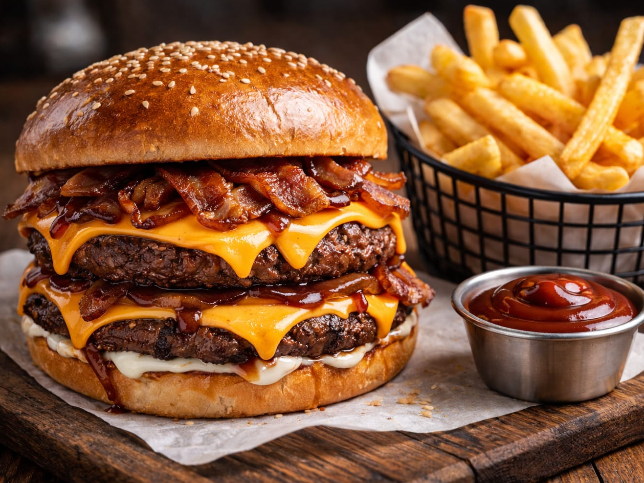 CHEESE BACON DOBLE CON PAPAS