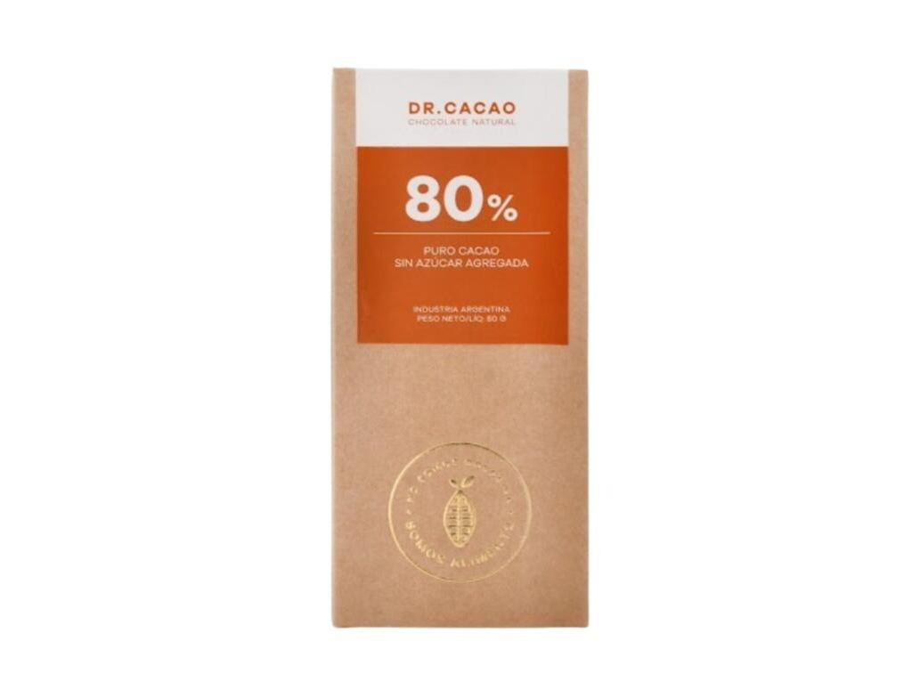 Tableta 80% puro Cacao sin Azucar agregada x 50g DR CACAO