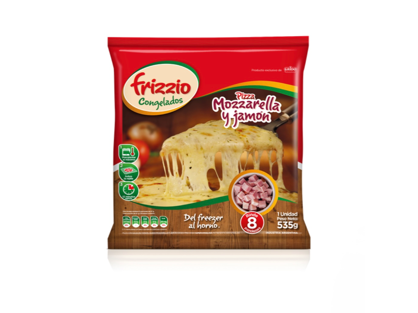 PIZZA MOZARELLA Y JAMÓN X8 porciones