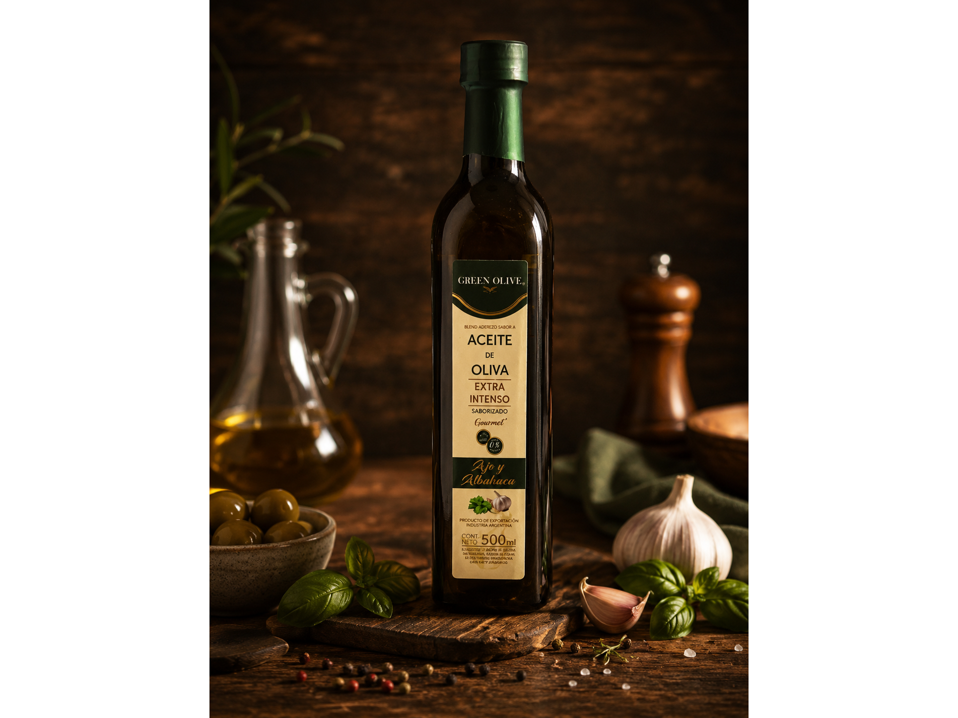 Aceite de Oliva Extra Intenso con Ajo y Albahaca 500 ML Vidrio