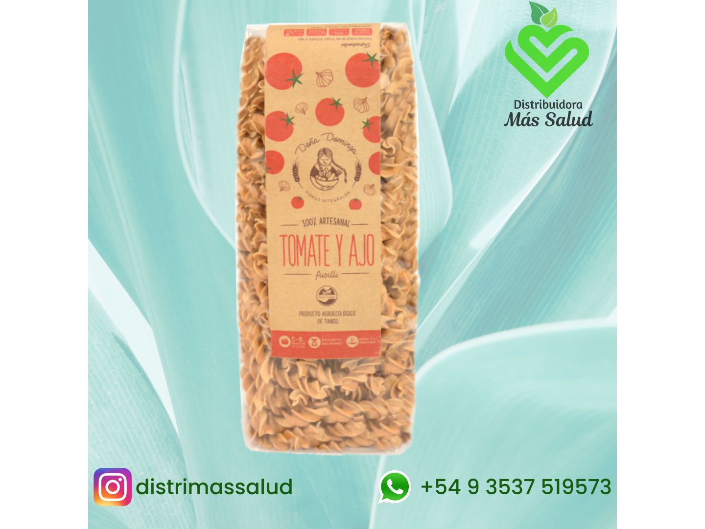 Fideos integrales con TOMATE Y AJO x 400 gs de Distribuidora Mas Salud