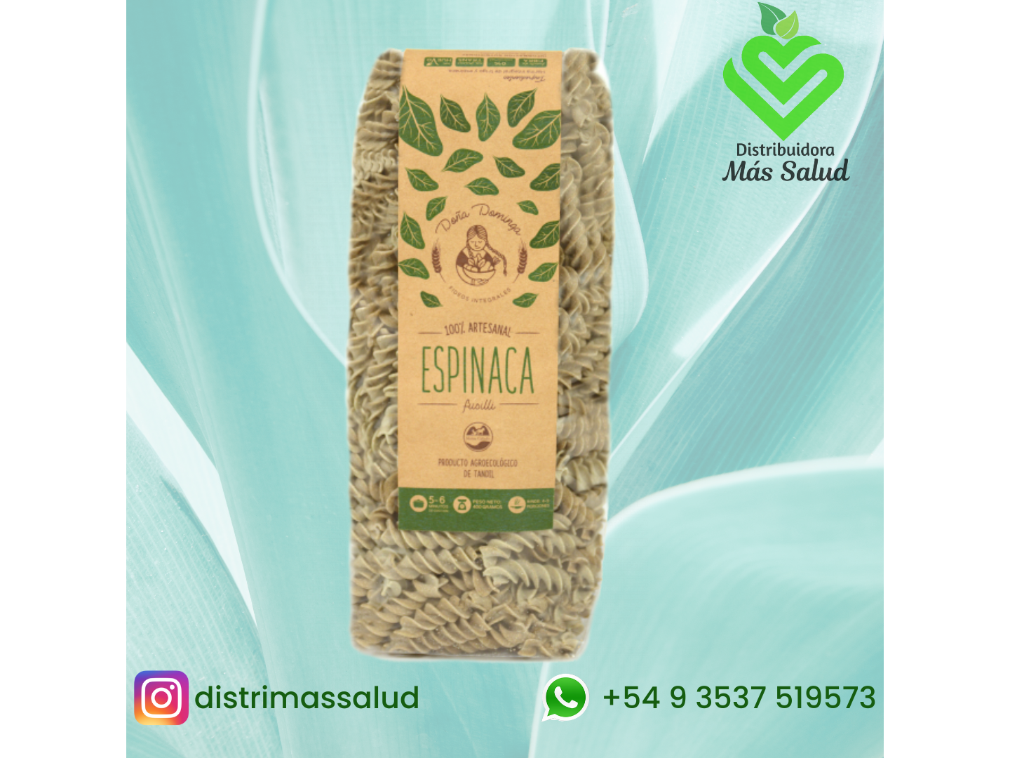 Fideos integrales con Espinaca x 400 gs de Distribuidora Mas Salud
