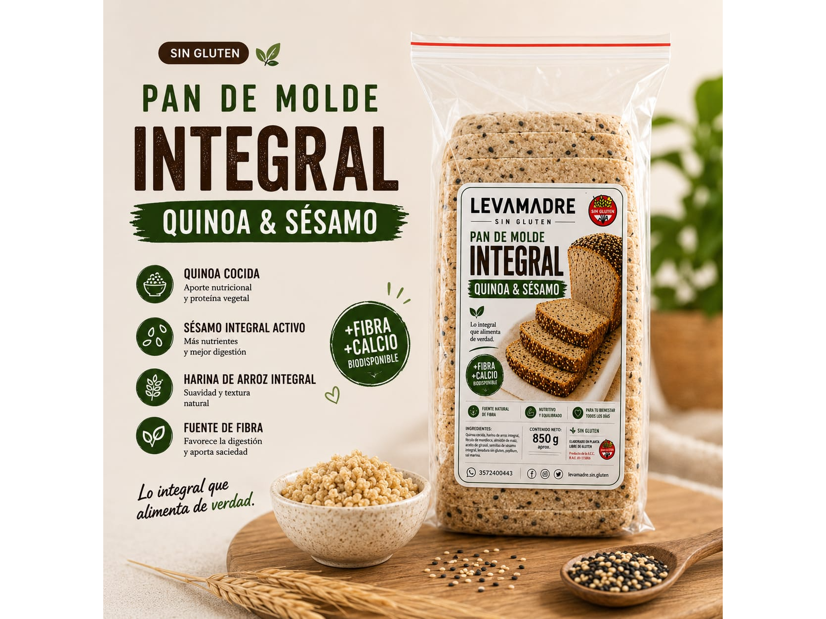 PAN INTEGRAL QUINOA Y SESAMO - SIN GLUTEN X 900 GRS