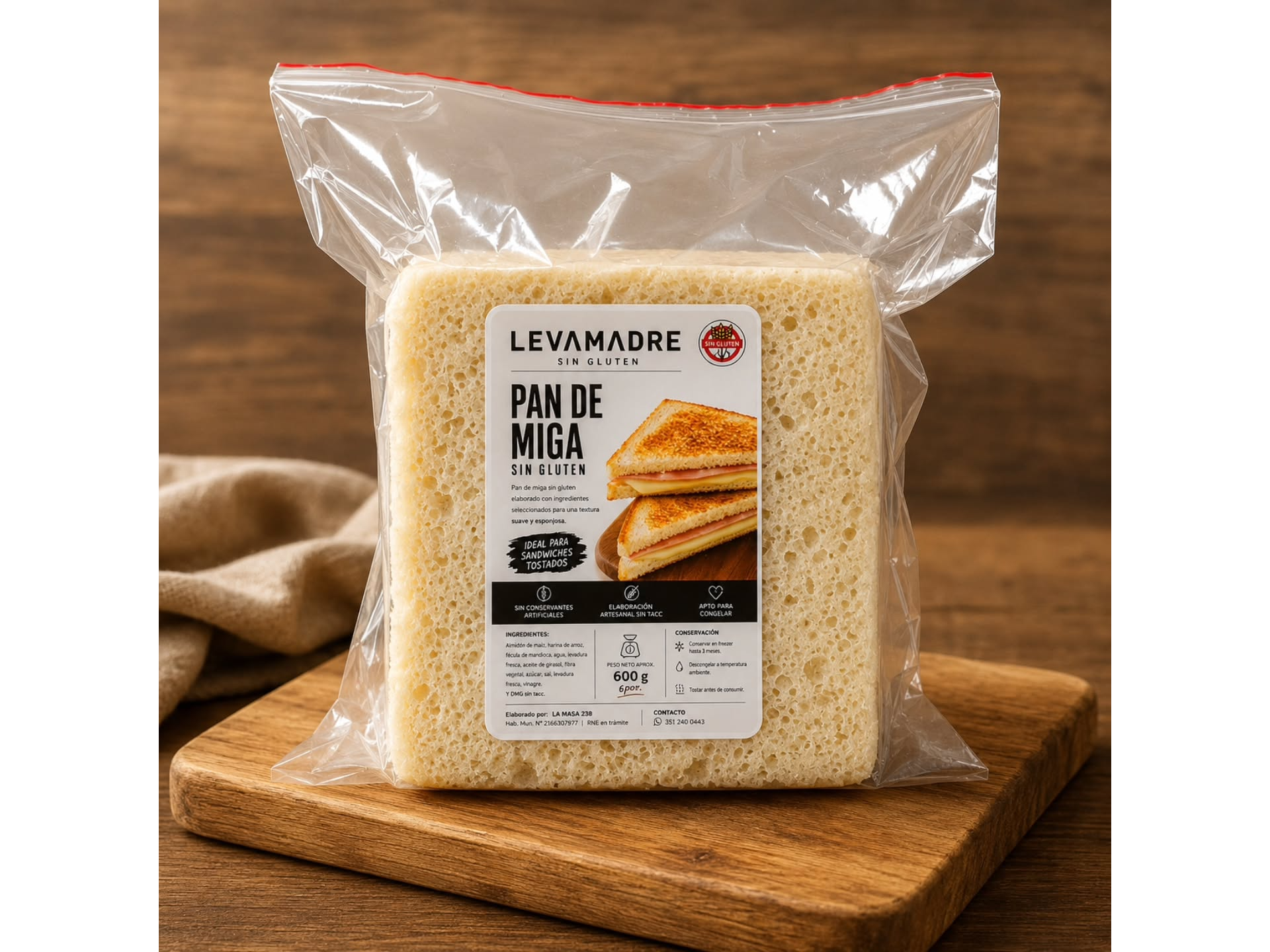 PAN DE MIGA SIN GLUTEN - 10A 12 FETAS APROX