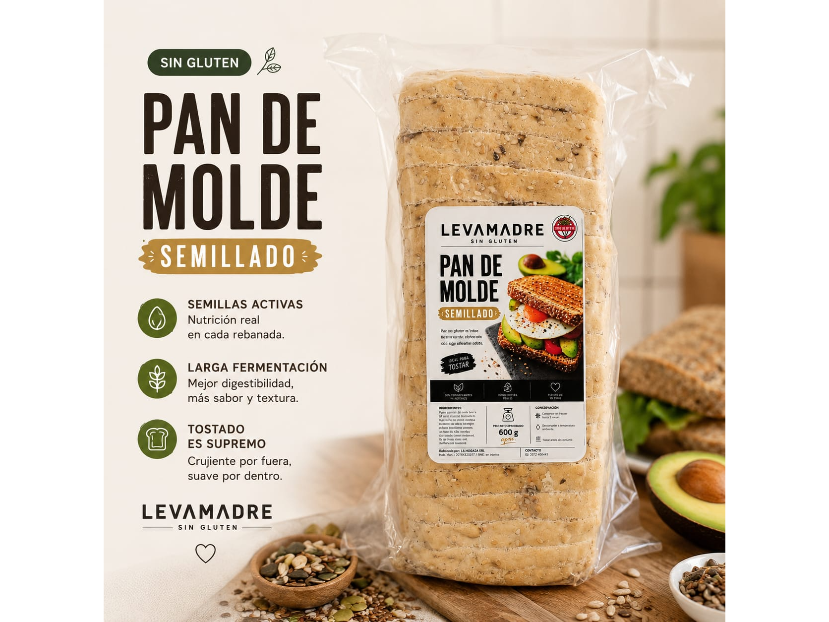 PAN SEMILLADO SIN GLUTEN X 900 GRS