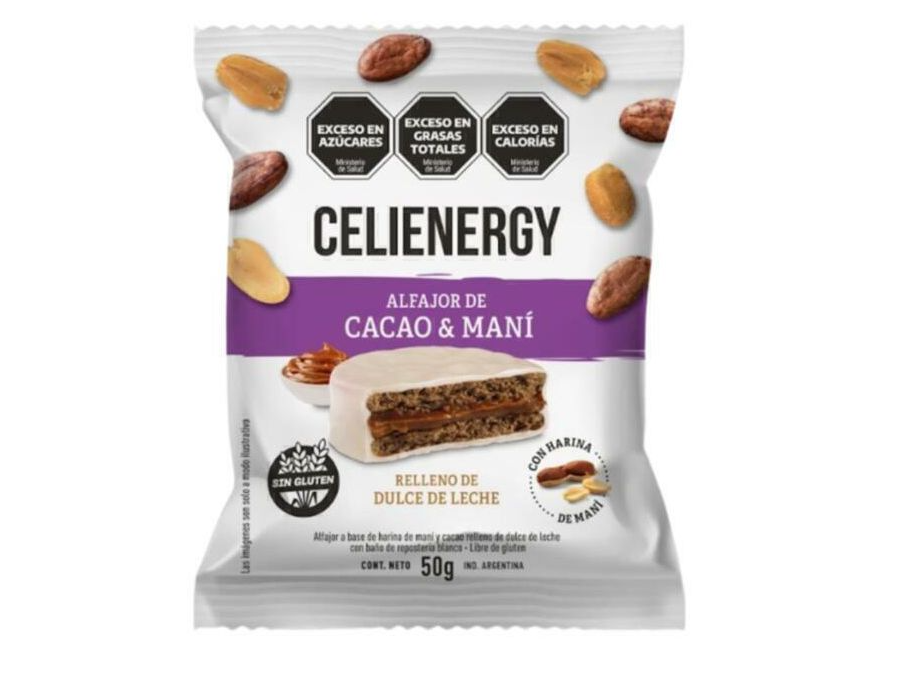 Alfajor Celienergy, cacao y mani c/dulce de leche, baño choc/blanco