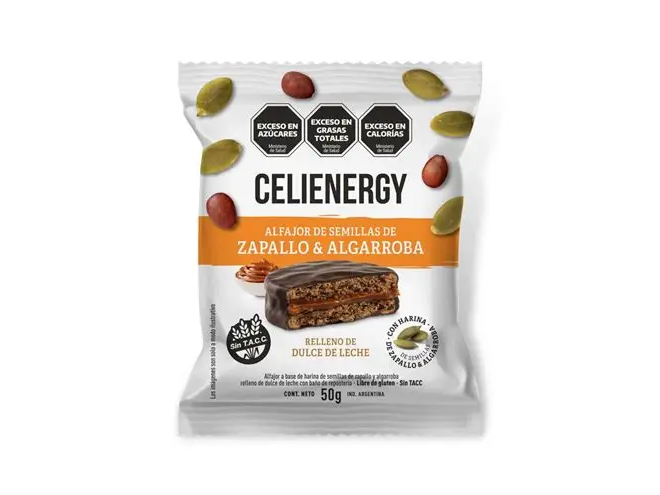 Alfajor Celienergy Zapallo y Algarroba con dulce de leche, bañado en choc/negro